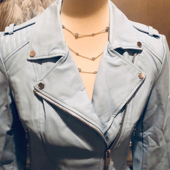 Faux Blue Leather Zip Motorcycle Audition Jacket - Picture 3 of 7